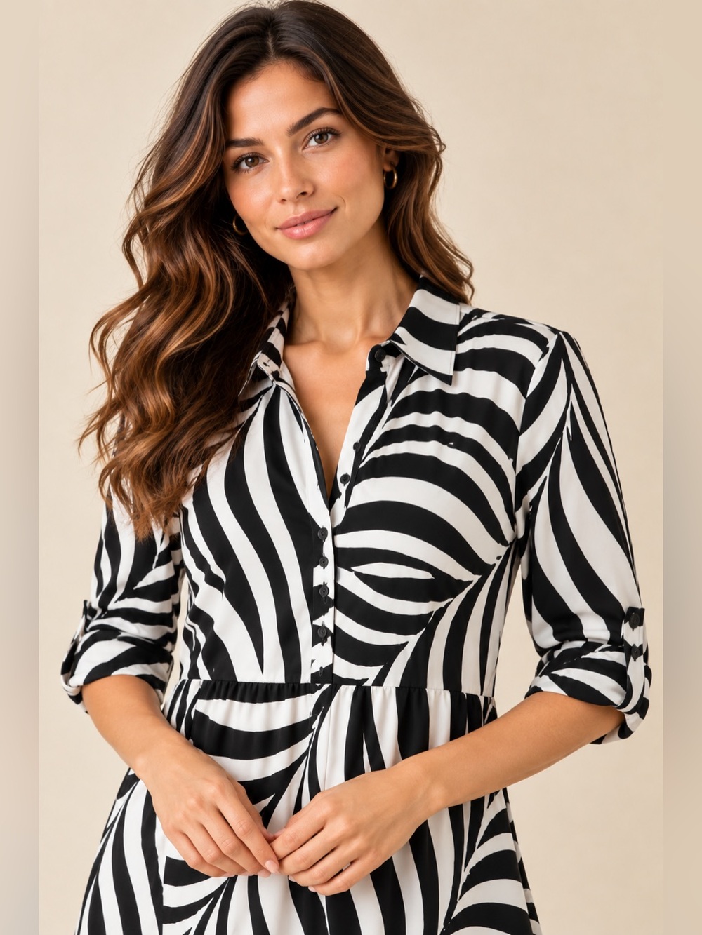 Talbots 1XP Black White Zebra Print Stretch Button Front Popover Mini Dress - Picture 2 of 10